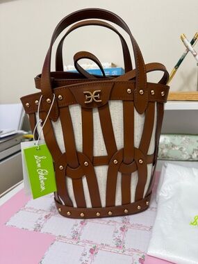 Sam Edelman Tan Leather & Natural Canvas Striped Bucket Tote